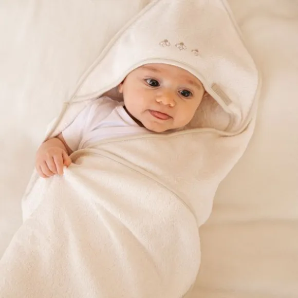 Bamboom Duo Bees Badcape + Washand – 75x75 cm – Off White