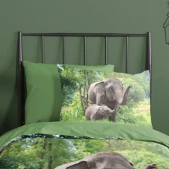 Good Morning Elephants Dekbedovertrek - Green - 140 x 220 cm