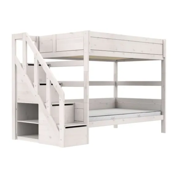 Life Time Stapelbed Deluxe - White Wash - 120 cm - Met Trapkast