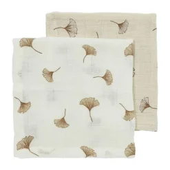 Meyco Baby Gingko Monddoekjes - 2 Stuks - 30 x 30 cm - Pre-Washed Hydrofiel - Offwhite/Soft Sand