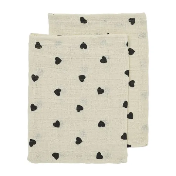 Meyco Baby Sweet Heart Washandjes - 2-Pack - Soft Sand/Black - 20x17 cm