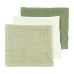Meyco Baby Uni Monddoekjes - 3 Stuks - Pre-Washed Hydrofiel - 30 x 30 cm - Naturel/Soft Olive/Olive Green