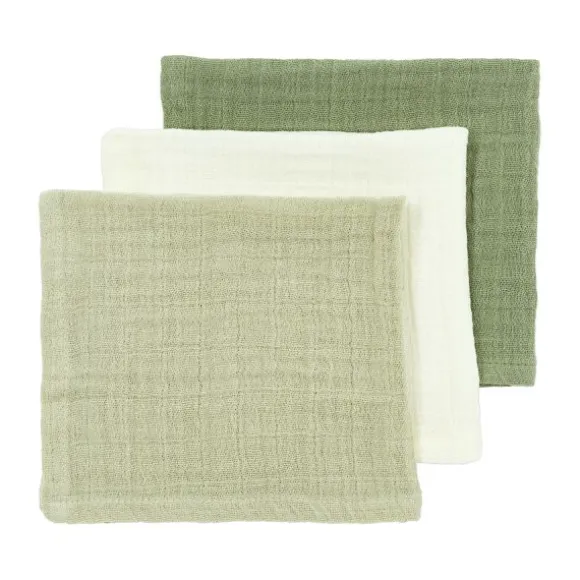 Meyco Baby Uni Monddoekjes - 3 Stuks - Pre-Washed Hydrofiel - 30 x 30 cm - Naturel/Soft Olive/Olive Green