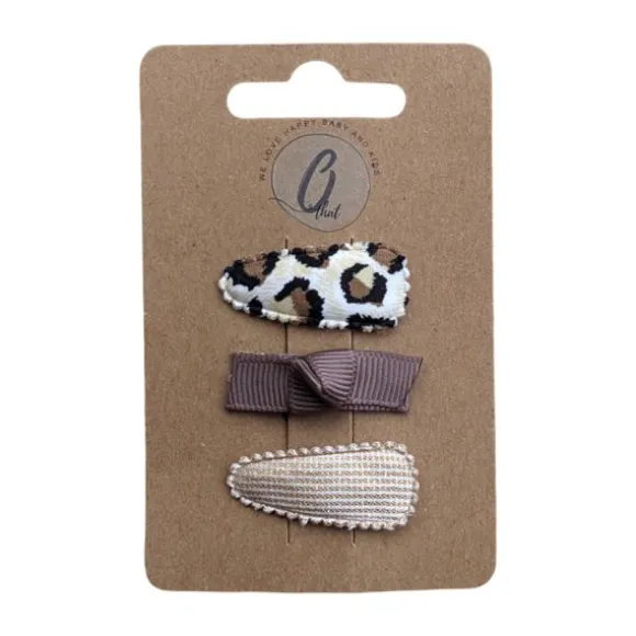 Ootje Kadootje Babyhaarclipjes - Print/Mokka/Rib Glitter - 3 stuks